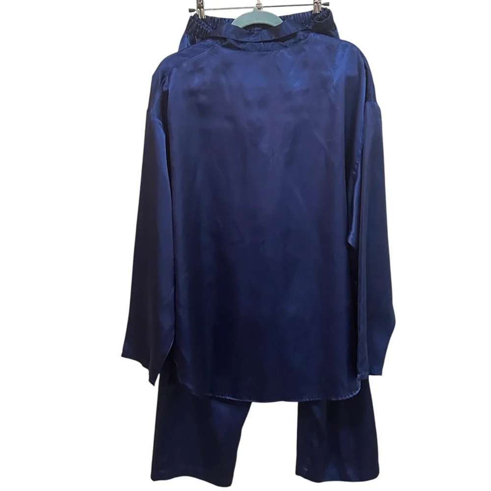 Navy Blue Satin 2-pc Pajama Set | Long Sleeve Top & Full-Length Pants 1X